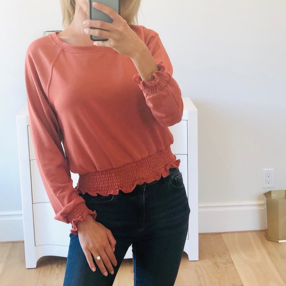 LAST 1! Pumpkin French Terry Smocked Waist Top - Picture 3 of 8